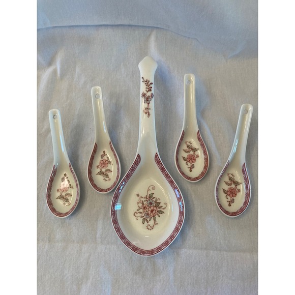 Floral Porcelain Soup Spoons Set of 5 Asian Spoons Ladle Microwave Safe - Picture 1 of 7